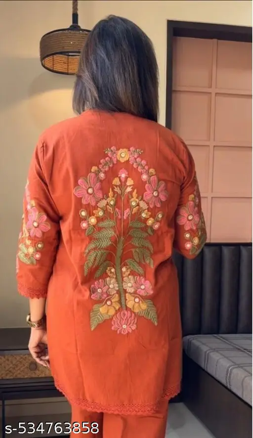 Cotton Rust Embroidered Kurti With Pant - Image 2