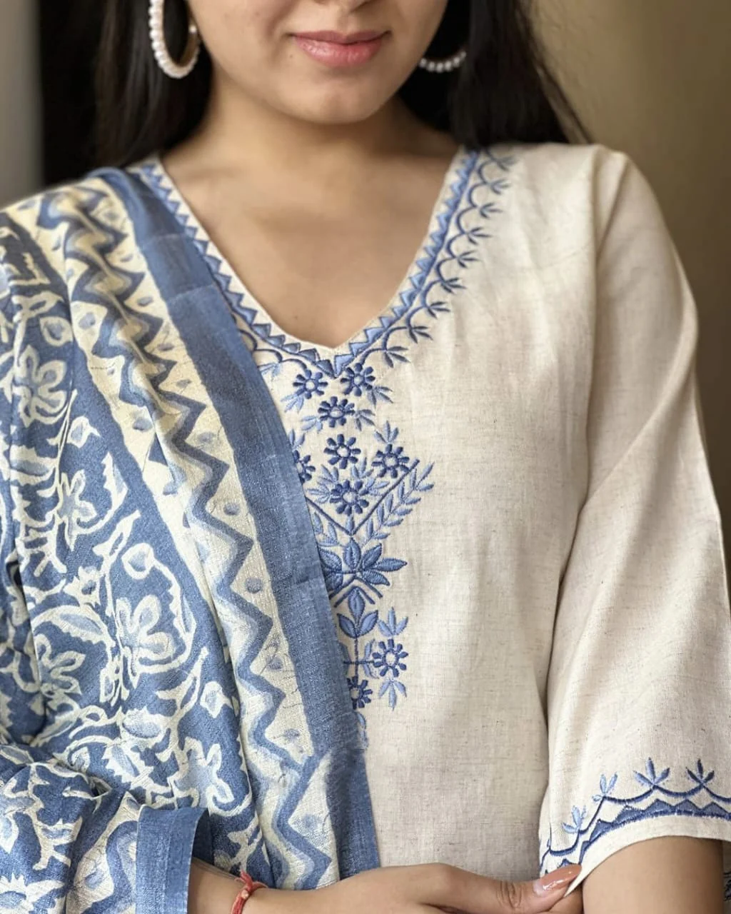 Elegant Handloom Cotton Embroidered Kurta Set with Dupatta - Image 2