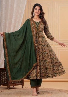 Premium Bottle Green Anarkali Suit Set with Dupatta - Image 3