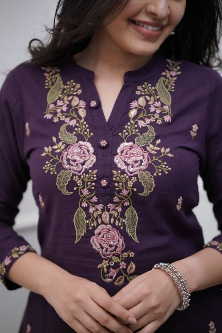 Pure Cotton Purple Embroidery Work Suit Set - Image 2